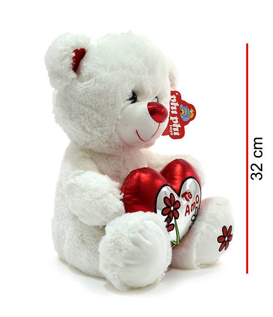 Peluche Oso Sentado Blanco Con 3 Corazones 35cm